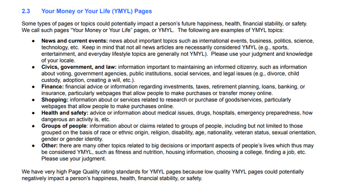 2.3 Search Quality Evaluators: YMYL Pages